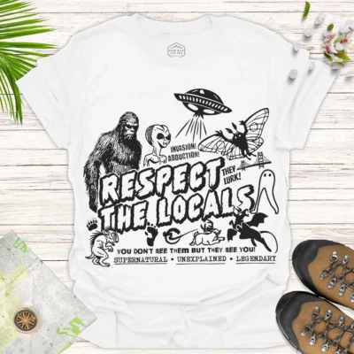 Bigfoot & Alien “Respec’ the Locals” Shirt – Retro UFO Graphic Tee - white