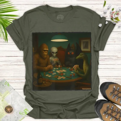 Bigfoot Joins Alien Poker Night – Fun Gamer Graphic Tee - green