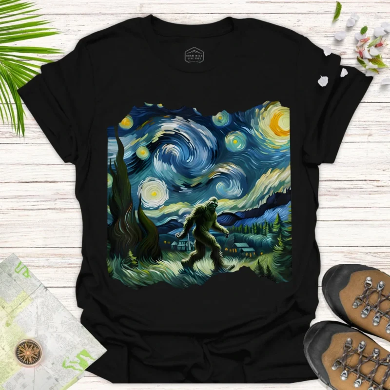 Bigfoot Starry Adventure Tee – Unique Night Sky Graphic Shirt - black