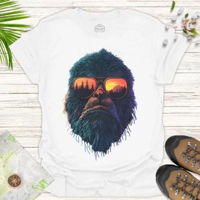 Bigfoot Sunset Tee – Funny Nature Adventure Graphic Shirt - white