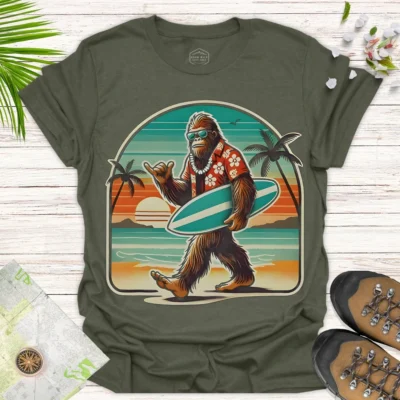 Bigfoot Surf Graphic Tee – Vacation & Beach Lover Shirt- green