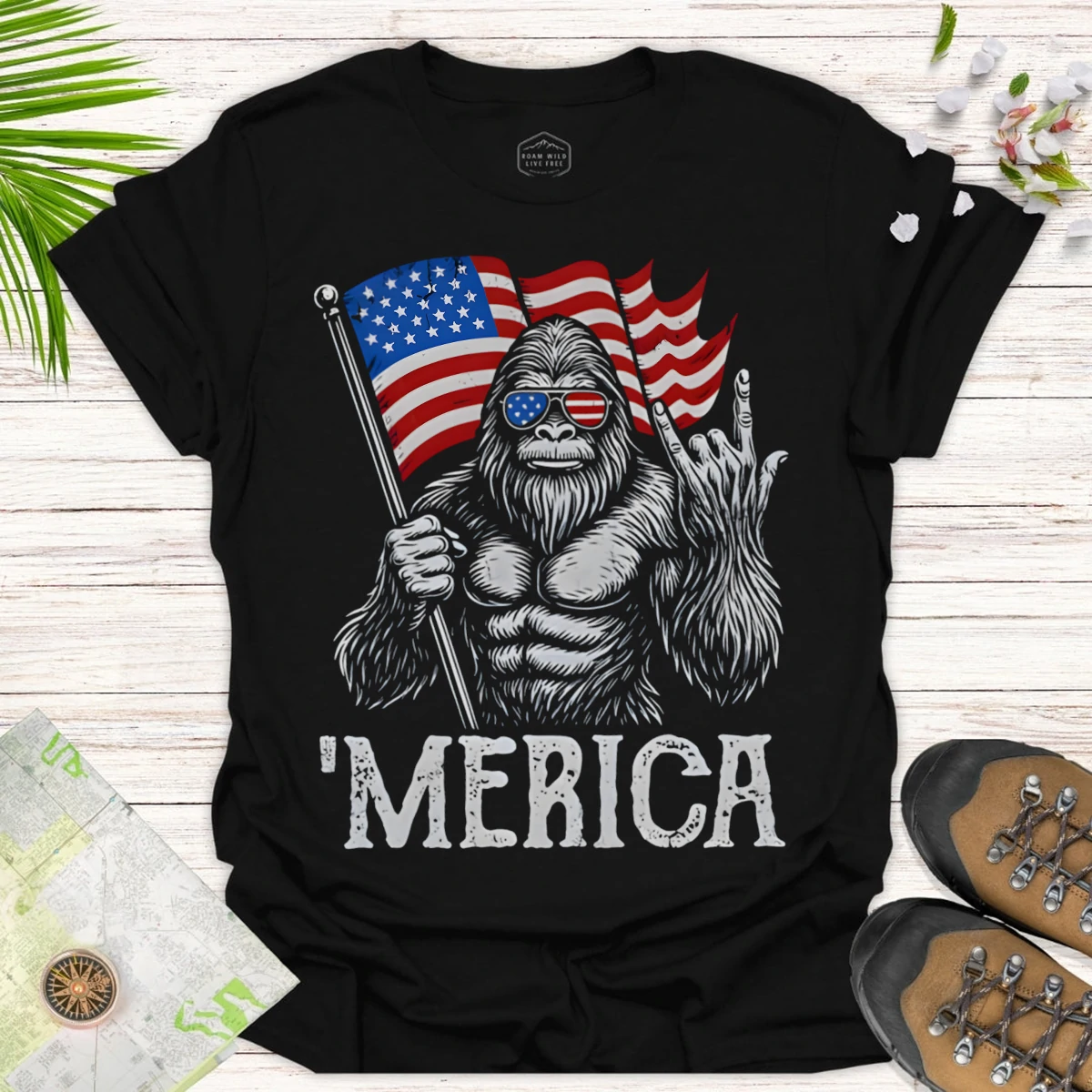 Bigfoot ‘Merica Graphic Tee – Outdoor Adventure Patriot Shirt - black