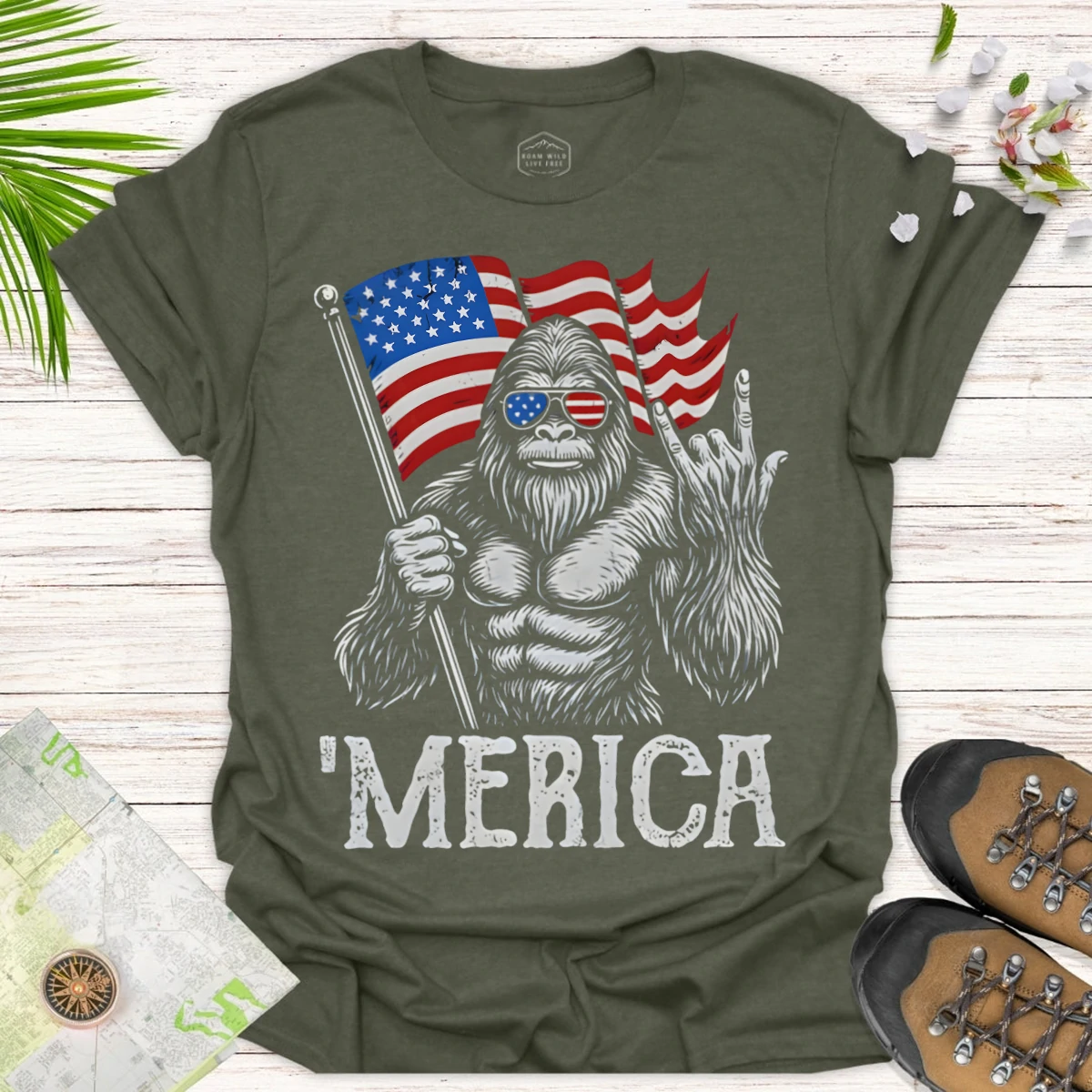 Bigfoot ‘Merica Graphic Tee – Outdoor Adventure Patriot Shirt - green