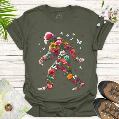 Floral Bigfoot Graphic Tee – Nature Adventure Summer Shirt - green