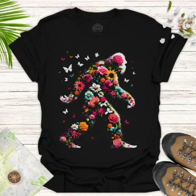 Funny Floral Bigfoot Tee – Wilderness Explorer Casual Shirt - black