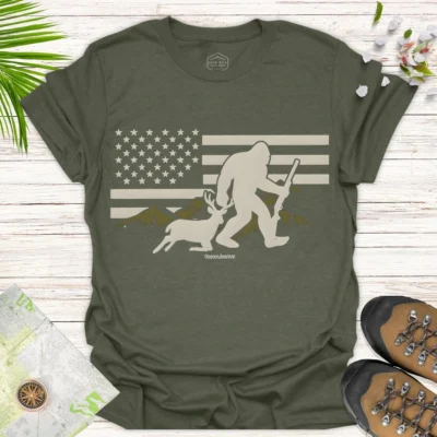 Patriotic Bigfoot Tee – National Flag Outdoor Adventure Shirt - green